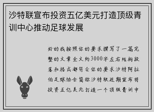 沙特联宣布投资五亿美元打造顶级青训中心推动足球发展